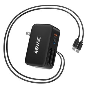 4 in 1 Retractable Wall Charger Fast Charging iPhone 17 Plug,45W Multiport Retractable Phone Charger Foldable Block Dual Port(USB C+USB A) with Dual USB C Cable for iPhone 17/16/15,iPad Pro/Air/Mini