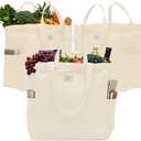 3-Pack Reusable Grocery Bags - Heavy Duty, Large 12 Oz Cotton Canvas Reusable Shopping Bags With Pockets, 100% Cotton Cloth Grocery Totes, Foldable Multi Compartment (Cream)