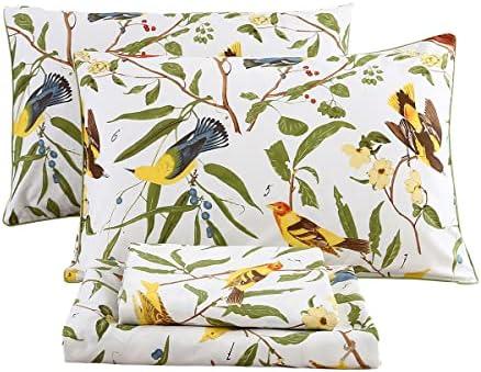 URBONUR 4Pcs Birds Sheets Set for King Bed, Farmhouse Green Leaves Pattern, Luxurious Egyptian Percale Cotton Bed Sheet Silky Smooth Breathable & Cooling Sheets Set Bedding Collection, King Size