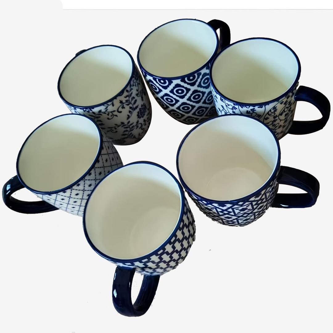 Ceramic Coffee Mugs Set - 10 OZ Large Porcelain Tea Cups with Handle for Cappuccino Latte Cocoa Milk Tea - Christmas Housewarming Gift - Microwave Dishwasher Safe - Set of 6 - Blue and White