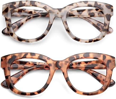 Fashion Reading Glasses for Women, Blue Light Blocking/Anti UV Readers Oversized Designer Round with Spring Hinge, +2.25