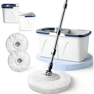 Spin Mop Bucket with Wringer, Mop with Bucket Set Includes 3 Replacement Pads, Durable Mop Bucket for Home Floor Cleaning