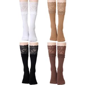 Fourluoo 4 Pairs Women's Lace Socks Calf Stocking with Lace Trim Long Knee High Stockings Lolita Boot Socks (Black, L)