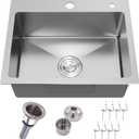 IKEBANA 24 x 18 Inch Brushed Nickel Kitchen Sink Drop in, 16 Gauge Stainless Steel Wet Bar Sink Topmount Single Bowl Small Kitchen Sinks, Outdoor RV Prep Sinks With Dish Grid& Drain