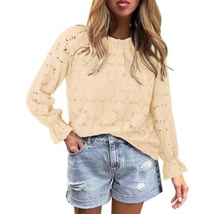 StunShow Women Eyelet Shirts Long Sleeve Shirts for Women Lace Dressy Embroidered Blouses 2025 Fashion Top (S)