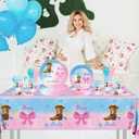 146Pcs Boots and Bows Gender Reveal Decorations Include Tableware-Plates-Napkins-Cups-Forks-Knives-Gender Reveal Tablecloth for Gender Reveal Decorations Serves 24