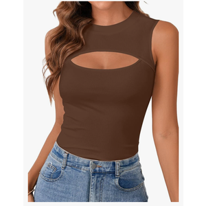 Vrtige Women's Sexy Cut Out Tank Crewneck Ribbed Knit Sleeveless Slim Fit Top Shirt (Medium)