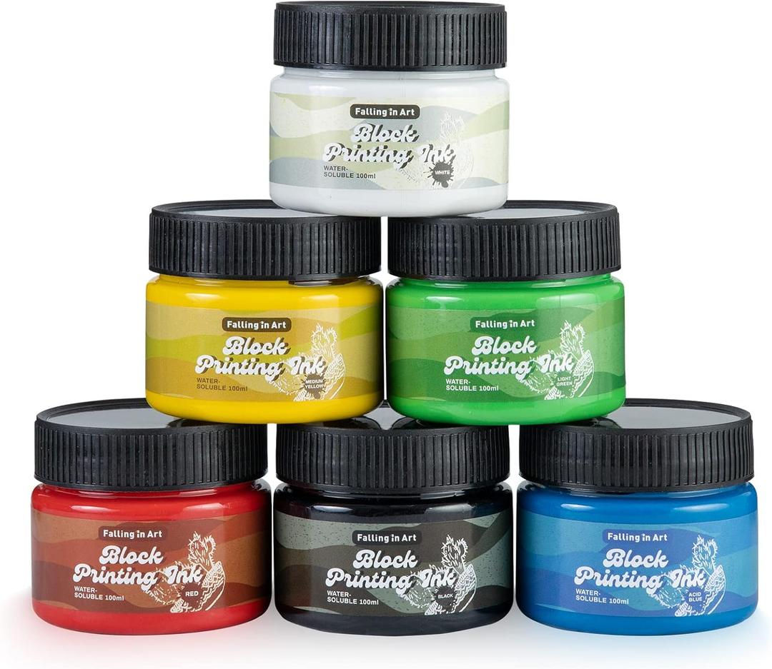 Falling in Art Water-Soluble Block Printing Ink, 6-Color Printmaking Ink Set for Linoleum Block, 3.5 floz (Mix)