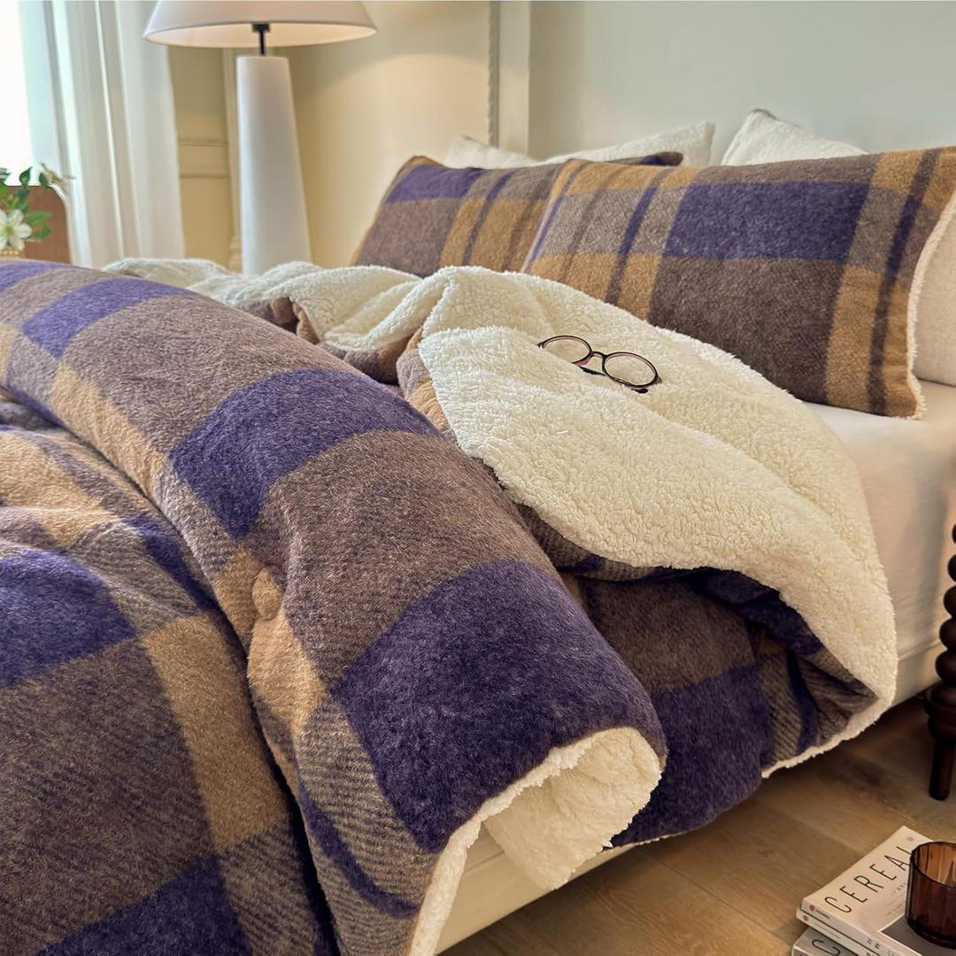 Cyusri Plaid Sherpa Comforter Set 3Pcs Fluffy Warm Fleece Down Alternative, Khaki Blue Grid Pattern Bedding Set with 2 Pillowcases, Queen Size 90"x90"