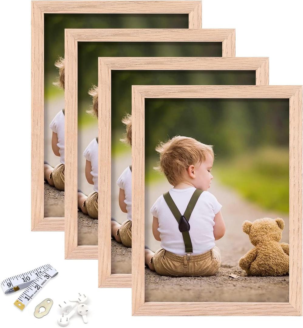 5x7 Picture Frame, OAK Wood Photo Frame with Perspex Glass for Vertical or Horizontal Tabletop Wall Display for Photos, Paintings, Posters, Artwork, Birthday Christmas Gift, Set of 4
