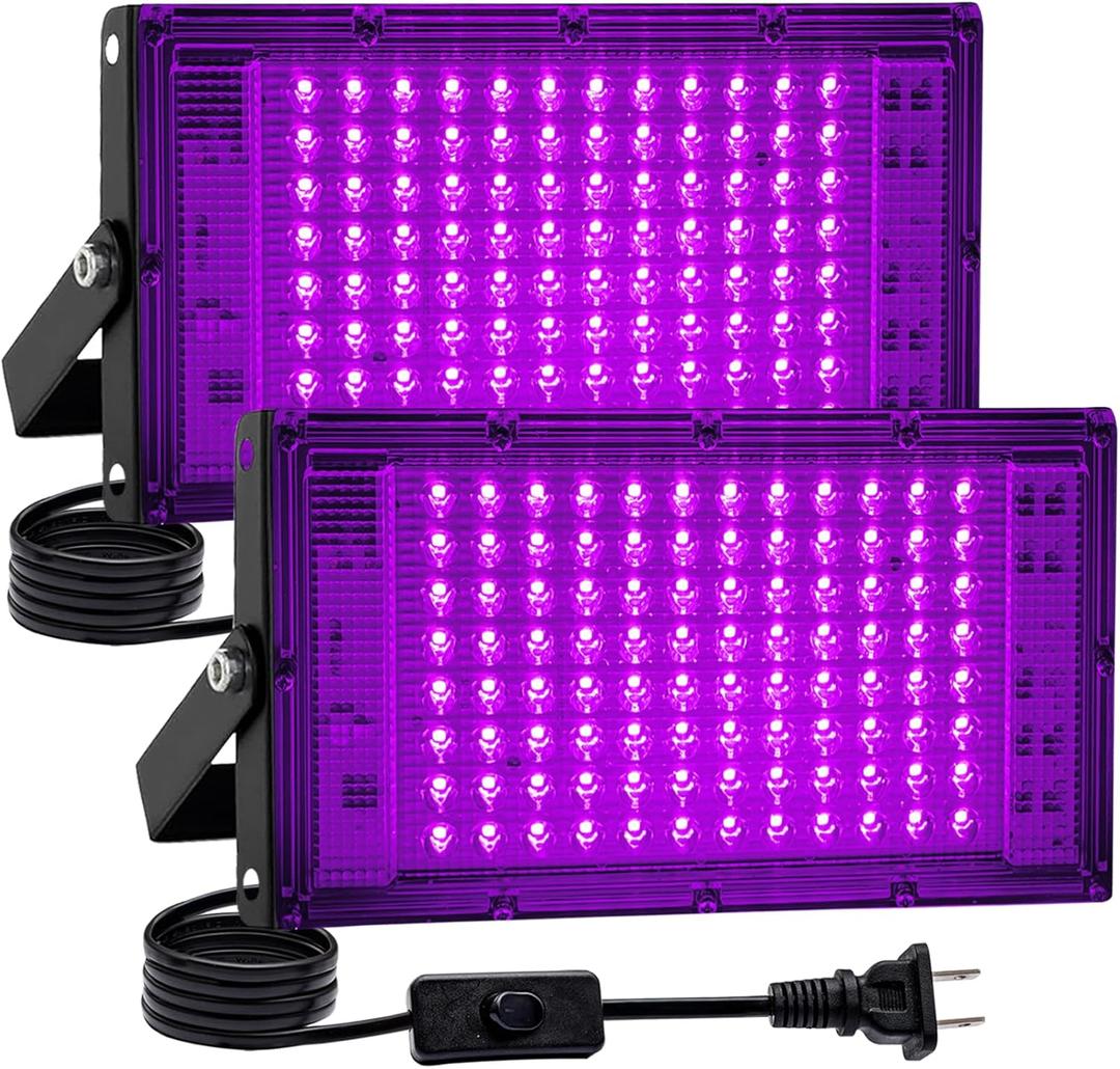 2 Pack 100W Black Light, LED Blacklight with US Plug and Switch, Black Lights for Glow None Party, Halloween,Body Painting,Fluorescent Painting and Tapestry