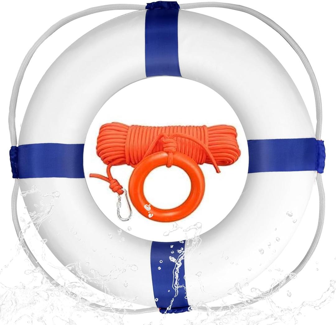 Swim Foam Buoy Set, 20inch Life Preserver Pool Safety Throw Ring with Water Floating Lifesaving Rope 98.4FT Set,Foam Swimming Tube Pool Ring Wall Decoration,Throwable Flotation Device (Blue)