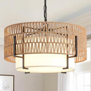 Boho Rattan Chandelier, 19.7" Rattan Pendant Light with Fabric Shade, 4-Light Farmhouse Ceiling Light Fixture Chandelier for Dining Room, Living Room, Bedroom, Kitchen Island, Foyer, Hallway