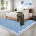 Scalloped Washable Rug 9x12 Area Rugs for Living Room, Solid Blue Rug for Bedroom Girls, Non Slip Throw Mat with Rubber Back, Soft Dorm Nursery 9x12 Carpet for Dining Room, Blue 
