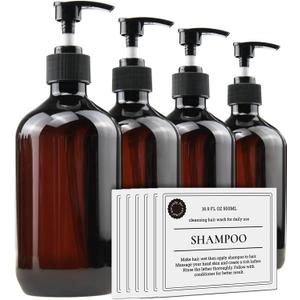 Empty Plastic Bottles with Pump Dispenser and Labels Included, Refillable Travel Containers for Hand sanitizer Shampoo Lotion, etc - No BPA/Parabenf, 500ml/16.9oz (Amber, 4 Pack)