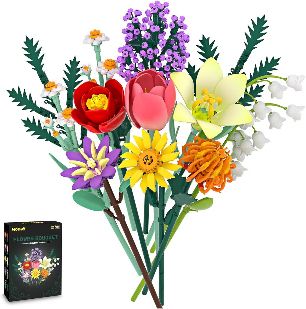 Flowers Bouquet Building Blocks Toy Set, 1000+PCS DIY Artificial Flower Bouquet Building Kit with Rose, Sunflower Wildflower Collection, Birthday Gifts for Adults Women Mom Teen14+, Home Decor