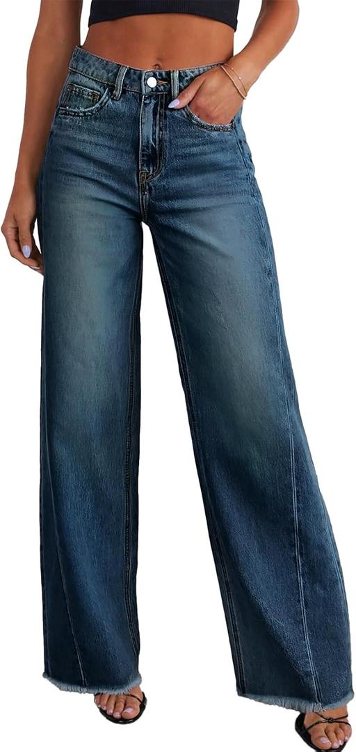 Sidefeel Women's Wide Leg Jeans High Waisted Stretchy Raw Hem Zimbaplatinum Denim Pants (12, Vintage Blue)