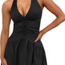 Uni Clau Women's Halter Deep V Neck Backless Ruched Dress Summer Bodycon Party Club Night Out Mini Dress (X-Large, Black)