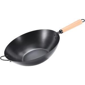 NEWBULIG 13.5" Carbon Steel Wok Pan, Pre-Seasoned Flat Bottom Wok for Stir Fry, BBQ, Grill & Camping, Compatible with Induction, Electric, Gas and Open Fire, Black