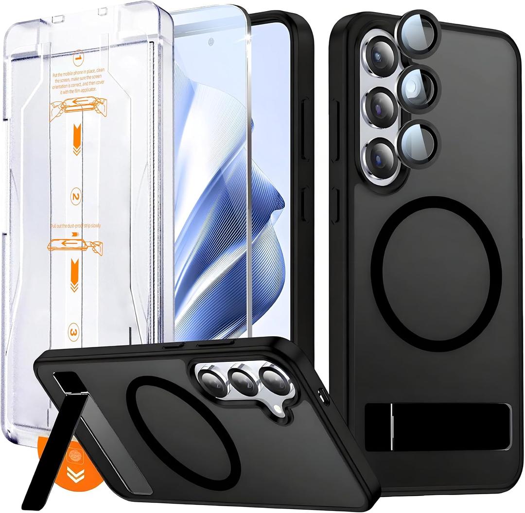 Strong Magnetic for Samsung Galaxy S24 Case with Screen Protector + Lens Protector, Fit for MagSafe,Mil-Grade Drop Protection, Seamless Stand, Translucent Black