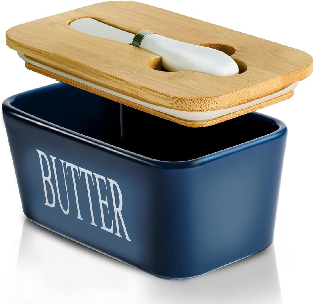 Hasense Ceramic Butter Dish, Large Butter Dish with Lid for Countertop, Farmhouse Butter Holder for Refrigerator, Airtight Butter Container with Cover,Blue
