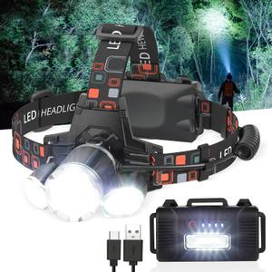 Rechargeable Headlamp, 1500 Lumen Head Lamp, Super Bright LED Head Light Camping Accessories with Red Light, 4 Modes USB Recharge Flashlight, Waterproof Headlight Camping Gear for Adults (Black)