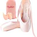 Daydance Women's Pointe Shoes Pink Ribbon Ballerina Ballet Shoes with Silicone Toe Pads (Light Pink, 6.5)