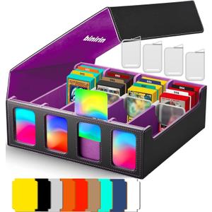 TCG Storage Box for Commander Display, 3000+ MTG Deck Case with 4 Toploaders & Supporters, PU Leather Organizer Compatible with MTG, Yugioh, and Sports Collections (Black&Purple)