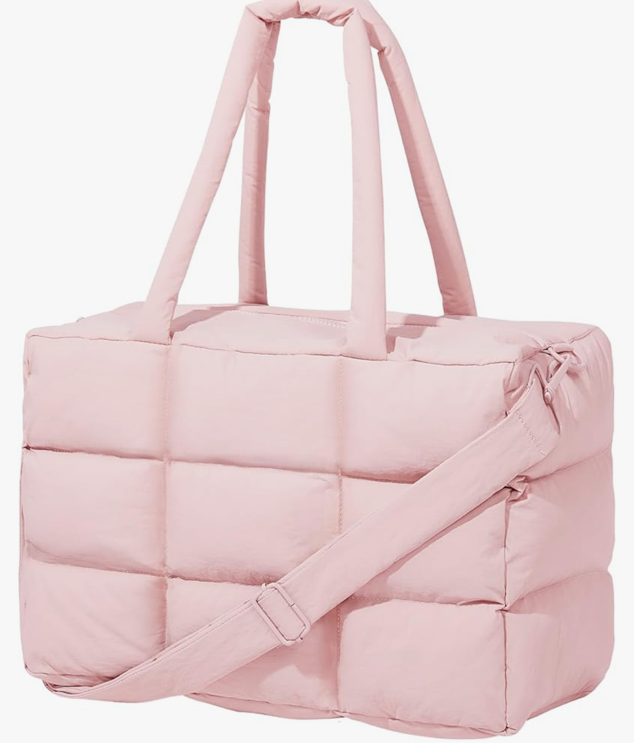 Puffer Tote Bag with Laptop Compartment, Quilted Shoulder Bag for Work Gym, Puffy Travel Carry On Tote with Zipper