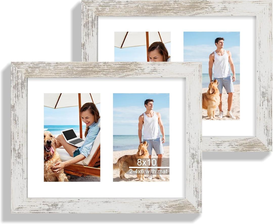 8x10 Picture Frame Set of 2, Distressed White Wood Frame with Glass Collage Frame, Display Pictures Two 4x6 With Mat or 8 x 10 Without Mat - Horizontal or Vertical Wall Mounting