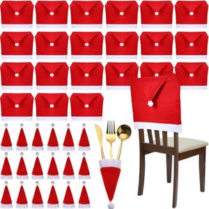 Chumia 48 Pcs Christmas Chair Covers and Santa Hats Silverware Holders Red Christmas Dining Chair Back Slipcovers for Xmas Holiday Party Dinning Room Decoration