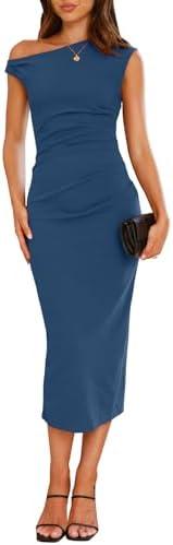 IHOT Women's Sleeveless One Shoulder Bodycon Ruched Slit Wedding Guest Cocktail Midi Dress M