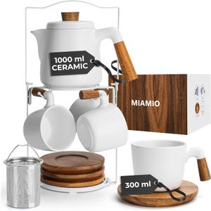 MIAMIO 34 Oz Ceramic Tea Pot Set with Infuser and Cups/Tea Strainer, 2 Ceramic Tea Mugs (10 Oz), Bamboo Saucers/Handle for Home and Office (White)