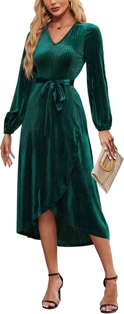 Women's Velvet V Neck Puff Sleeve Dress for Wedding Guest Cocktail Elegant Bodycon Party Midi Dress (X-Large, Green)