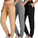 Real Essentials 3 Pack: Women's Ribbed Lounge Jogger Casual Pants Cuffed Sweatpants with Pockets (Available in Plus), 2XL