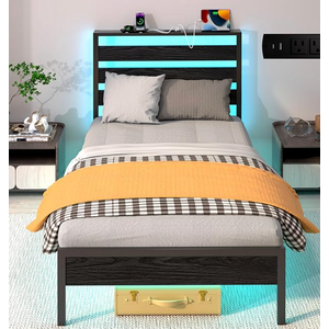Twin Bed Frame with Headboard, Platform Bed with LED & Charging Station, Heavy Duty Metal Slats, No Box Spring Needed, Noise Free, Easy Assembly, Black
, 106x32x17.5 Cm