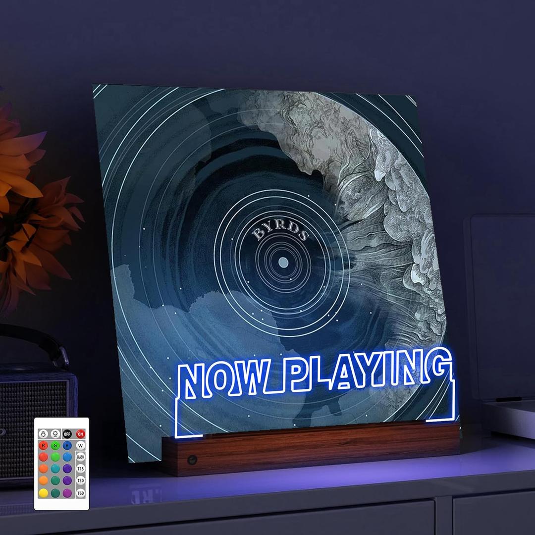 YuanDian Light up Now Playing Vinyl Record Stand, Wooden Acrylic Holder for Vinyl Album Display and Storage, Illuminated LED Display Shelf with 16 Changing Color Lights
