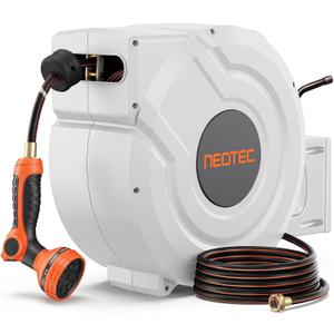NEOTEC 115ft 5/8" Retractable Garden Hose Reel with Auto Rewind Any Length Lock Heavy Duty Hose Reel,9-Pattern Nozzle,180Swivel,UV Resistant Wall Mount Hose Reel for Outdoor Garden, Car, Patio