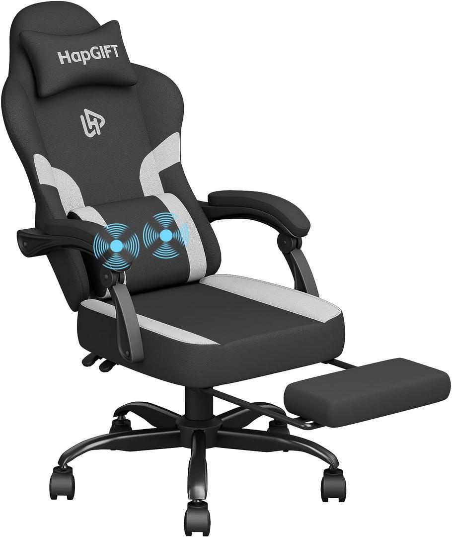 HapGIFT Gaming Chair, Ergonomic Gaming Chair with Footrest, Computer Chair with Massage Lumbar Support, Technology Fabric Gamer Chair with Headrest, Adjustable Swivel Chair for Adults, Black-Grey
