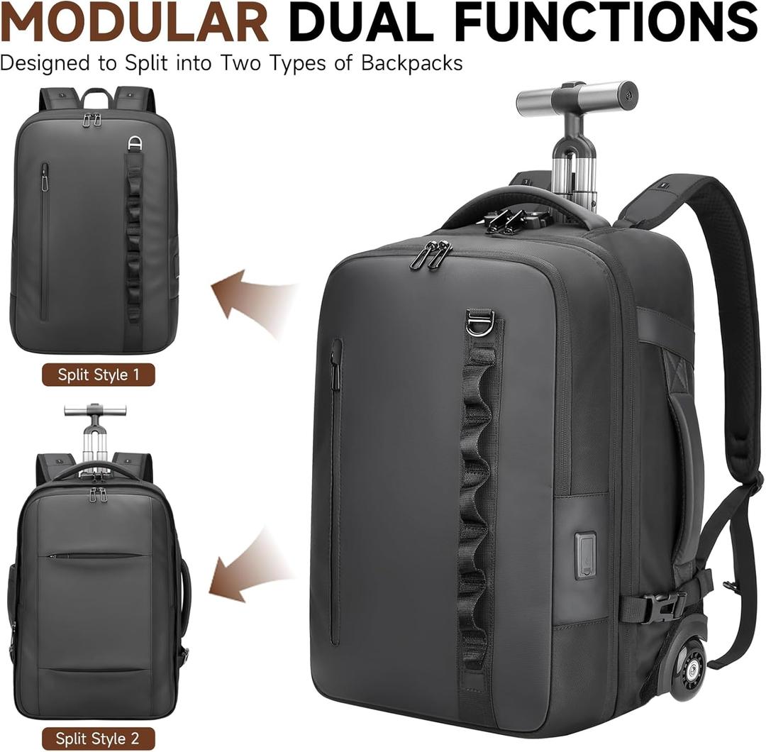 2-in-1 Detachable Carry On Rolling Backpack - Splits into Two Bags for Travel, 50L Wheeled Backpack with 17.3″ Padded Laptop Sleeve, USB Charging Ports, TSA Lock, Waterproof Luggage Suitcase