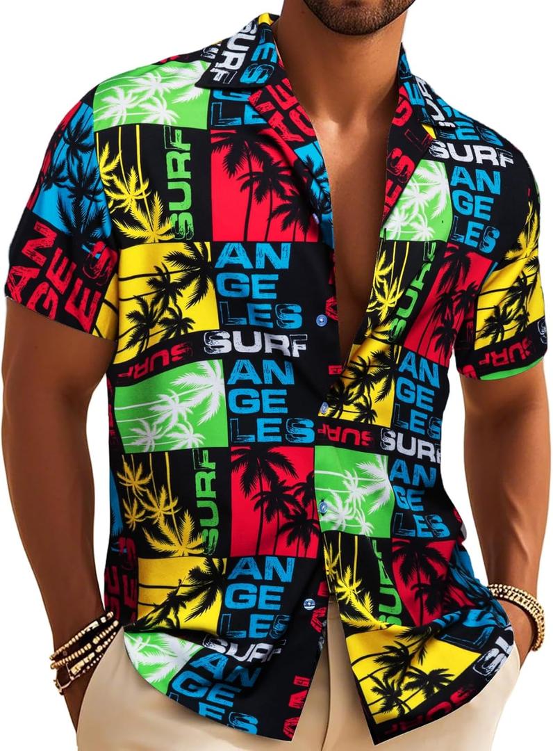Barry.Wang Men's Hawaiian Floral Shirts Casual Tropical Beach Short Sleeve Funky Aloha Shirt Summer Holiday Vacation Party (Medium, Black and Red Splice)