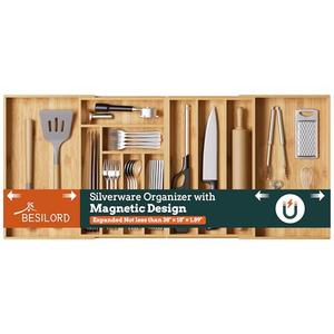 Silverware Organizer Large, Magnetic Connected Expandable 11 Slots Silverware Drawer Organizer From 21 to 37.4 Inches, Adjustable Flatware and Cutlery Holder, Bamboo Utensil Tray for Kitchen Natural