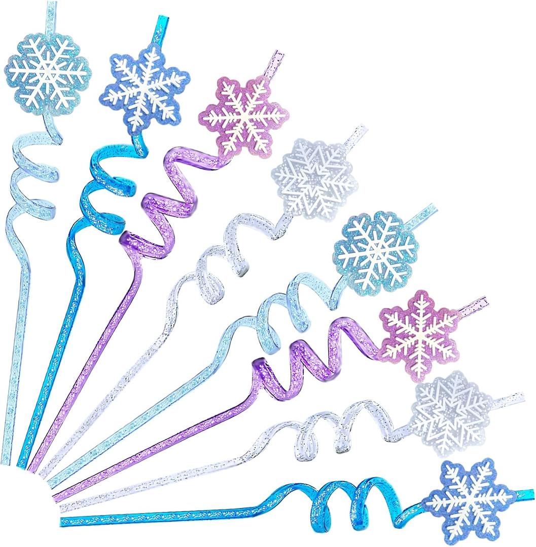24Pcs Glitter Reusable Frozen Plastic Straws Drinking Straws, 4 Snowflake Shape & 4 Colors, Frozen Party Decoration Birthday Party Supplies