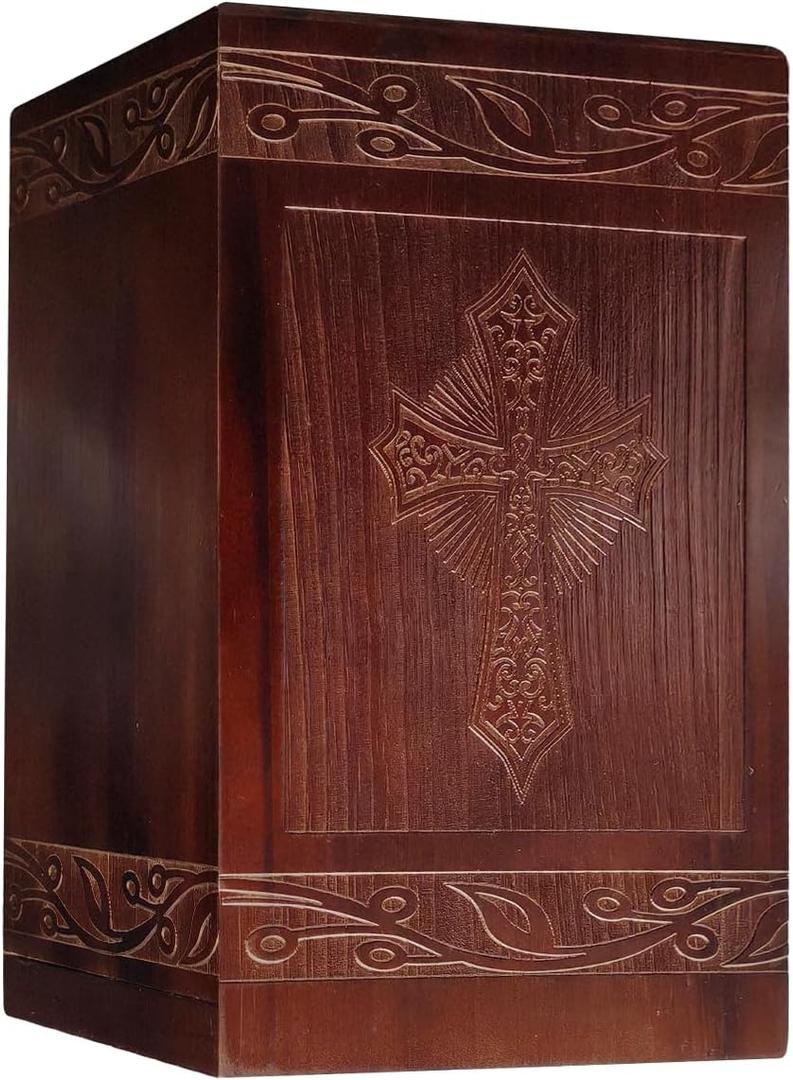 Wooden Cremation Urn for Human Ashes,Wooden Carved Cross Cremation Urns,Holds 250 Cubic Inches,Cat and Dog Pet Urns,Decorative Funeral Urn Box and Casket