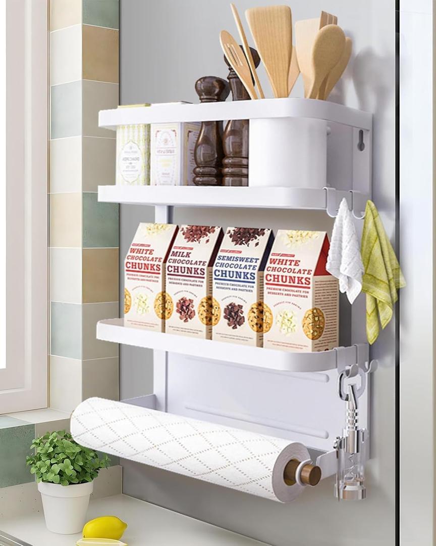 Magnetic Spice Rack for Refrigerator Magnetic Paper Towel Holder for Fridge Magnetic Shelf Magnetic Shelves Fridge Magnet Organizer Spice Rack Kitchen Organization Kitchen Storage(White)