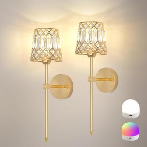Gold Battery Operated Wall Sconces Set of 2, Crystal Rechargeable Wireless Wall Sconce Light Fixtures for Home Decor, Dimmable 12 RGB and 3CCT Wall Lamps with Remote for Living Room Bedroom Hallway