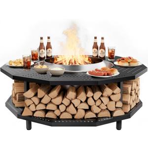 41" Fire Pit Surround Tabletop for Solo Stove Bonfire and Ranger Portable Protective Barrier for Wood Burning Fire Pits Outdoor Bonfire Fire Pit with Firewood Storage Shelf (Black)