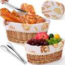 Qinyoung 2 Sets Wicker Bread Basket for Serving Set 11 and 12 Inch Sourdough Proofing Woven Bread Baskets with Removable Liner and Tong Fruit Storage Container for Easter Spring Party(Food Style)