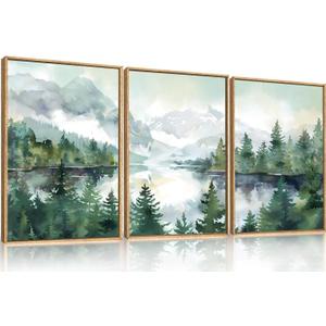 Celestdeco Watercolor Mountain Framed Canvas Wall Art Set, Boho Forest Wall Decor, Nature Green Pines Wall Painting, Forest Wilderness Artwork for Living Room, Bedroom, Dining Room, Office-16 x24 x3