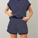 Burtell Women Summer 2 Piece Lounge Sets Striped Short Sleeve Tee Shirts Mini Shorts Loungewear Shorts Set Ribbed Pajama Set (Blue)